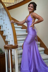 Lilac Mermaid Spaghetti Straps Floor Length Prom Dresses With Slit